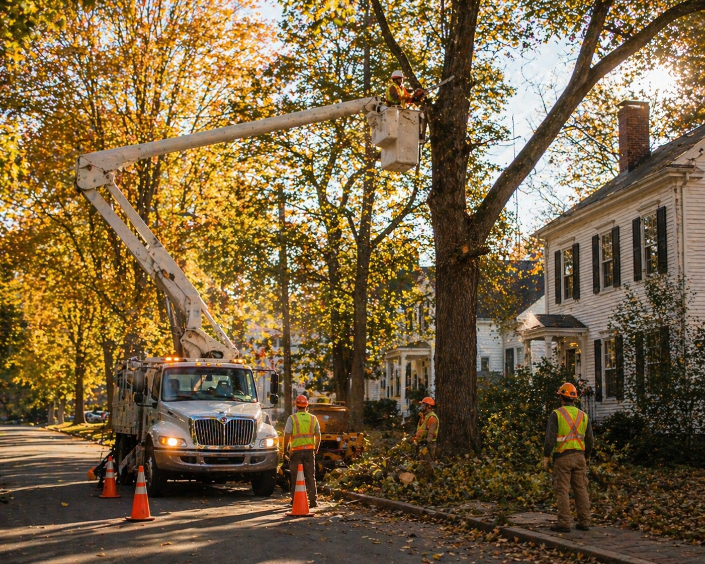 Tree removal crew working at a residential property in Charlton MA