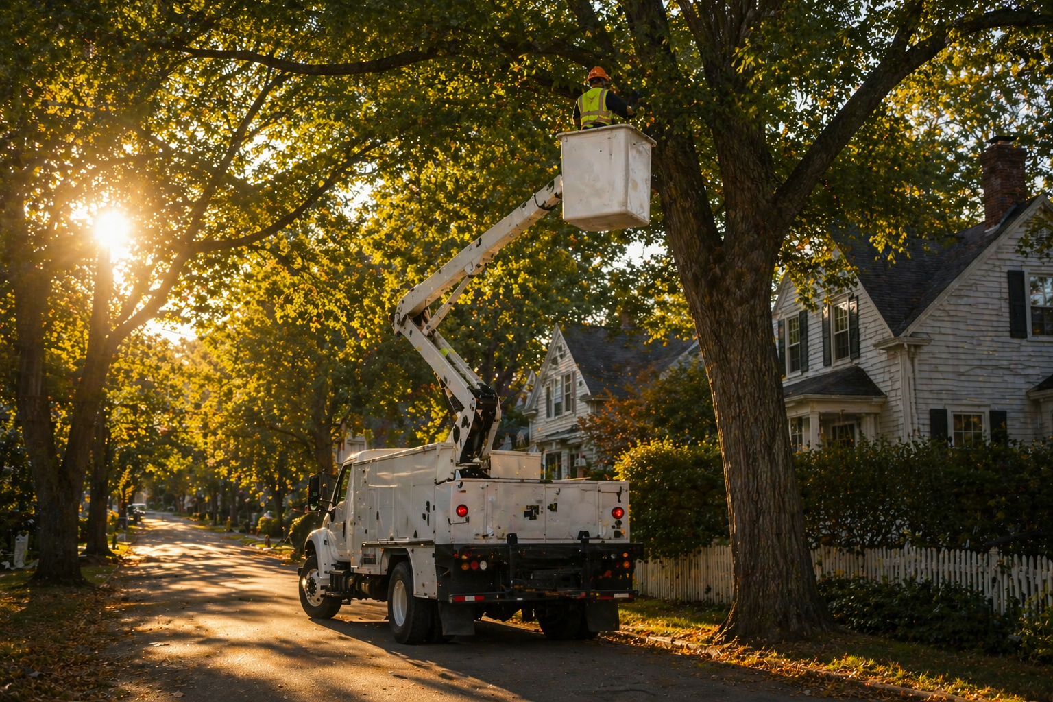 Arborist in bucket truck working on a street tree in Oxford MA